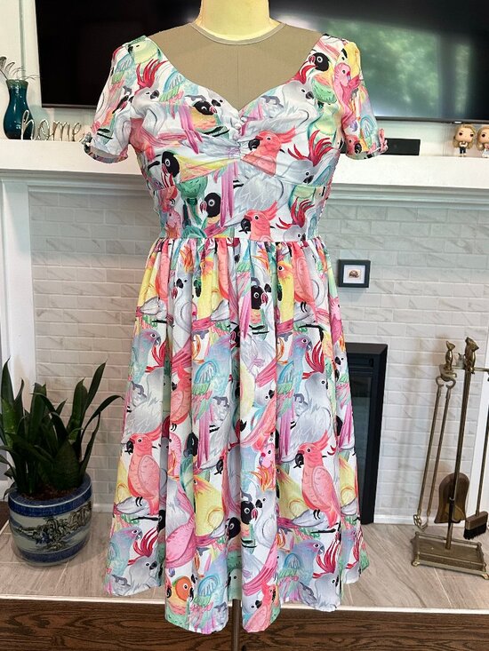 Unique Vintage Dresses & Skirts - Unique Vintage - 1950 White & Multicolor Parrot Print Draper Swing Dress - Large